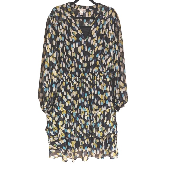 London Times Woman Plus Size 22W Black Sheer Dress Colorful Print Tiered - Picture 1 of 6